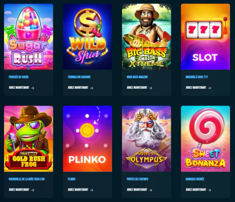 Catalogue de machines à sous Magical Spin présentant Sugar Rush, Big Bass Amazon Xtreme, Gates of Olympus et Sweet Bonanza