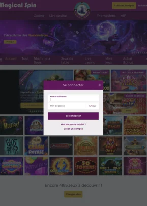 Fenêtre de connexion Magical Spin avec les champs du nom d’utilisateur et du mot de passe, ainsi que les options de récupération du compte